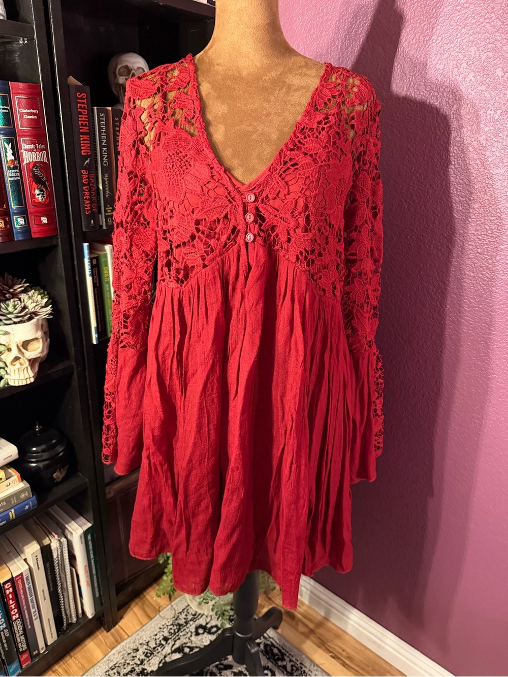 Witchy Red Crochet Lace V-Neck Dress